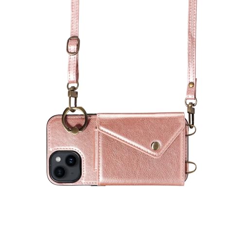 Coque iPhone 14 Pro 6.1" avec portefeuille cuir rose rose et bandoulière