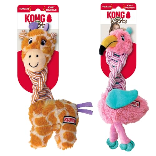 KONG Knots Twists Dog Toys 2-Pack Assorted Durable Braided Rope with Squeaker Minimal Stuffing Soft & Tough Chew Toy for Thrashing & Teeth Cleaning (Small/Medium)