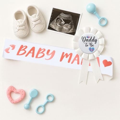Image of Wanna Party Mom To Be Sash and Dad To Be Corsage Set for Baby Shower Party Decorations and Pregnancy Photoshoot Gift, Baby Shower Gift Items
