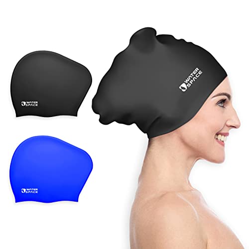 Water Space Swimming Cap for Women Ladies Man Adult Swimming Caps for Long Hair 2 Packs Waterproof Silicone Swimming Cap (Black & Blue)