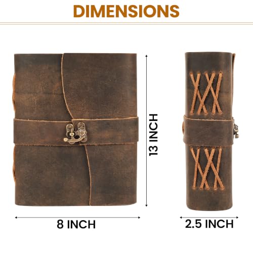 Image of LEATHER VILLAGE Leather Journal for Women & Men - Vintage Leather Bound Journal with Lock - Book of Shadows, Writing & Travel Journal - 200 Pages Handmade Deckle Edge Paper -13 inchx8''- Distressed Brown