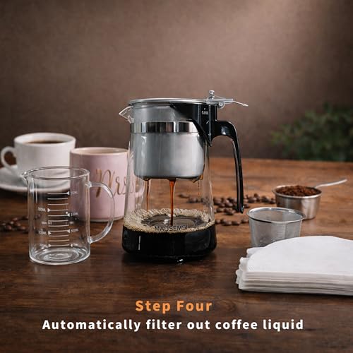 Image of Pour Over Coffee Maker Set, 304 Stainless Steel Coffee Dripper with On /Off Switch, Borosilicate Glass Small Coffee Pot, 50 Filter Papers, Multi-Functional Immersion Drip Cafe Brewer Machine (1, 250ml)