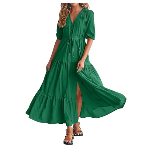 Générique Robe Longue Femme ete Boheme Chic Mariage invité Robe de Plage Femme Fluide Legere Maxi Robe Fendue Femme col v Manche Courte Simple Unie Robe Vintage Femme Retro Casual Vacances (Green, M)