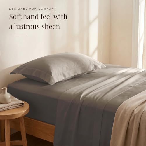 Image of Huesland Luxury 300 TC Pure Cotton Sateen Weave Single Bedsheet Set - Soft, Durable & Stylish | Vintage Khaki | 88 x 55 inches