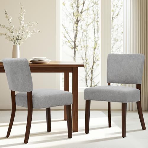 Image of COLAMY Mid Century Modern Dining Chairs Set of 2, Upholstered Kitchen Chairs with Open Back, Farmhouse Fabric Side Dining Room Chairs with Wood Legs for Dining Room Kitchen Restaurant, Light Grey