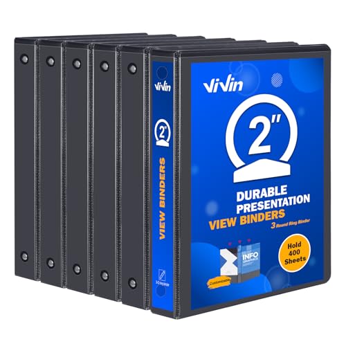 3 Ring Binder 2 Inch ViVin Sturdy 2-Round Ring Binder with 2 Interior Pockets Clear View Cover PVC-Free Fits 400 Sheets of 8.5 x 11 Paper Office Home School (6 Pack Black)