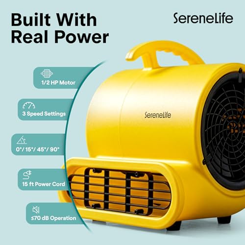 SereneLife Air Mover Blower Fan 2500 CFM – Powerful High Performance 3-Speed Fan for Floor & Carpet Drying, Portable Floor Fan w/Adjustable Tilt, Plug Multiple Units for Home Garage & Restoration Use