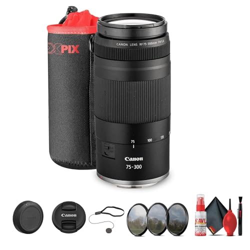 Canon RF 75-300mm F4-5.6 Telephoto Zoom Long-Range Autofocus Lens for EOS R Mirrorless Cameras + 58mm 3 Piece Filter Kit + Large Lens Bag + Cap Keeper + Cleaning Kit