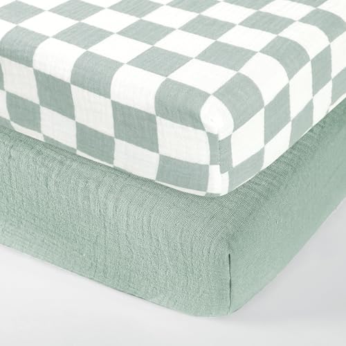 Image of DILIMI Muslin Crib Sheets for Baby Boys and Girls, 2 Packs Ultra-Soft Breathable Baby Crib Sheet for Standard Crib and Toddler Mattress, Green and Checkered