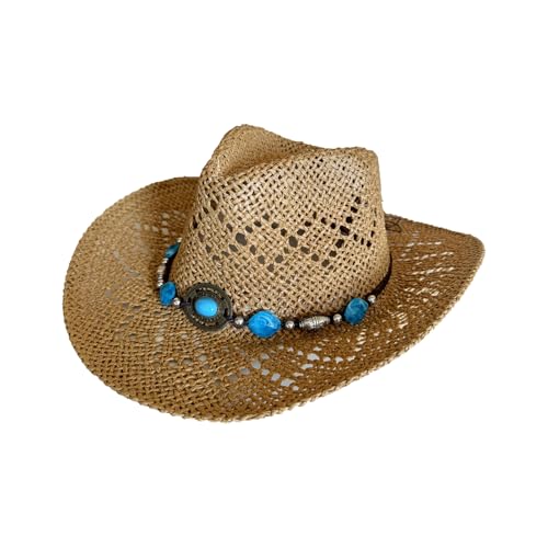 Image of Western Straw Cowboy Hats Cowgirl Hat for Holiday Woven Beach Sun Hat with Shapeable Wide Brim Cowboy Hat for Women's /Men's