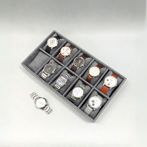 Image of 10 Slot Watch Organizer Tray for Watches, Grey | Tray keeps watches, smartwatches, bracelets and accessories arranged neatly in wardrobe, closet, dresser or dressing table