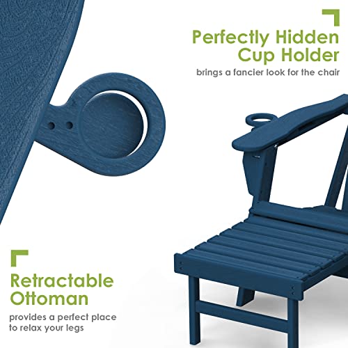 Greenvines Folding Adirondack Chair With Adjustable Back & Ottoman, Wood Grain Hdpe All-Weather Poolside Chairs W/Cup Holders & Footrest For Fire Pit Campfire Deck Patio Outdoor Lawn, Blue #TOP4