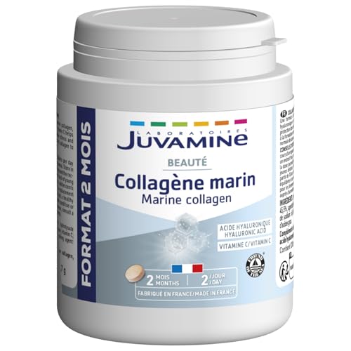 JUVAMINE - Collagène Marin et Acide Hyaluronique - Vitamine C - Beauté - Peau et Articulations - Programme de 2 mois - 120 Comprimés - Fabriqué en France