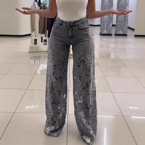 Women's Lace Patchwork Hollow Jeans, Casual Vintage Baggy Straight Wide Leg Denim Pants, Floral Hollow Out Pants3