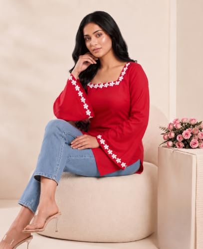 Image of MAHIRA'S Comfort Women's Short Kurti, Rayon Tunic Top with 3 /4 Embroidered Designer Sleeves | Soft Breathable Fabric | Office & Casual Kurti for Jeans, Leggings & Trousers