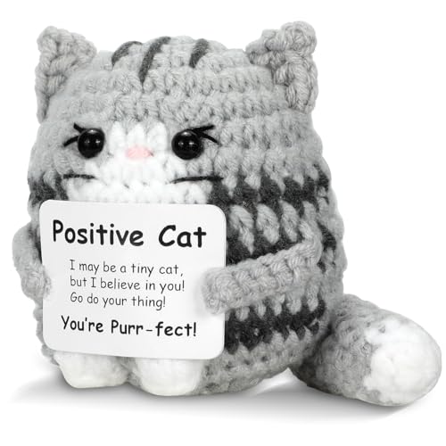 Calkkrer Positive Gehäkelter Katzen-Mini-Tier, Emotionaler Support-Geschenk, Inspirierende Handgemachte Strickpuppe, Motivierendes Häkel-Geschenk, Glücksbringer