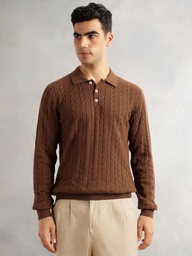 Image of Thomas Scott Men's | Regular Fit | Long Sleeves | Self Design | 100% Cotton | Button Closure | Dry Clean | Polo Collar | Knitted | T-Shirt