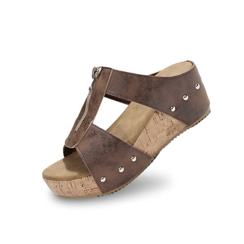 2026 Mujer Plataforma Cuña Zapatillas de Verano Moda Playa con Suela Antideslizante Diseño Temperamental, marrón, 37 EU
