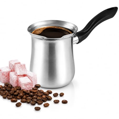 DESTALYA Turkish Coffee Pot Stainless Steel | 10.14 fl oz ibrik Briki | Small Hot Pot with Spout for Stove top | Turkish Coffee Cezve (Coffee Pot Black)