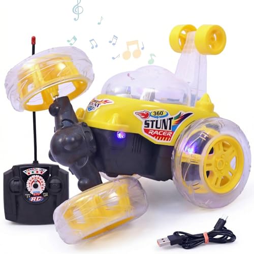 Image of Remote Control Rechargeable Battery Stunt Car 360 Rotating Rolling RC Car with Lights & Music, 2AA Battery Remote (Not Included), Electric Race Car Toy for Kids Boys Girls Indoor Outdoor (Yellow)