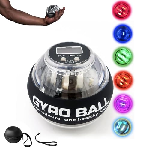 OUHKDM Curaball - Fortalecedor de Agarre de Mano con Contador y luz, giroscopio de 6 Colores con Inicio automático, Bola de torsión metálica para ejercitar Manos, antebrazos y muñecas
