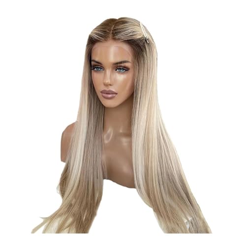 Peruka z koronkowym przodem, 50 cm, wstępnie oskubana naturalna linia włosów, wzór bez kleju, dodaje objętości kobietom, popielaty blond ombre z brązowymi korzeniami