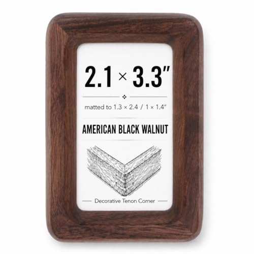 Natural American Black Walnut Wood Picture Frame with Plexiglass 2x3 Inch Small Solid Wooden Photo Frame with Decorative Joinery Corners Tabletop Display for Desk / Shelf Horizontal / Vertical Home Decor Holiday Gift Compatible with Fujifilm instax mini / Polaroid / Mini Instant film ( Walnut 2x3 matted to 1.8x2.4 / 1x1.4 Photo )
