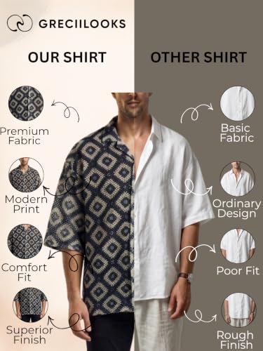 Image of GRECIILOOKS Men`s Shirt | Mens Casual Crochet Knitted | Half Sleeve Printed Crochet with Cuban Collar Shirt`s | Relaxed fit Down Shoulder Textured & Stylish Premium Mens Shirt