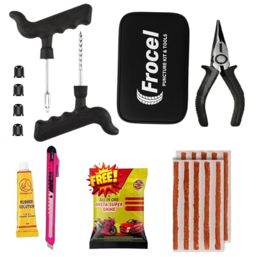 Image of Premium 8in1 Universal Tubeless Tire Puncher Kit Emergency Flat Tire Repair Patch Puncture Kit for Car, Bike, SUV, & Motorcycle with Storage Bag, Polish,Glue, Plier