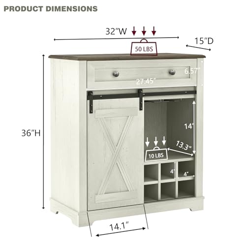Farmhouse-Wine-Bar-Cabinet-with-Storage-Liquor-Cabinet-with-Rack-for-Inside-Cabinet-Rustic-Coffee-Bar-Cabinet-with-Sliding-Barn-Door-Buffet-Table-for-Kitchen-Living-Room-32-Inch-Antique-White Farmhouse Wine Bar Cabinet with Storage Liquor Cabinet with Rack for Inside Cabinet Rustic Coffee Bar Cabinet with Sliding Barn Door Buffet Table for Kitchen Living Room 32 Inch Antique White