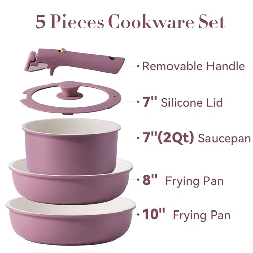 Image of CAROTE 5pcs Pots and Pans Set Non stick,Cookware Set Detachable Handle,kitchen essentials,RV kitchen pot and pan,Induction Cookware,Oven Safe,PFOA PFOS FREE,Purple