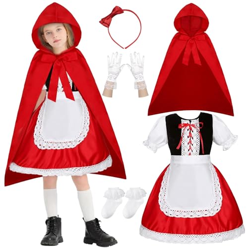 Dazzroi 6Pcs Little Red Riding Hood Costume Red Hood Fancy Dress Up Set with Hooded Cape Dress Apron Bow Headband Gloves Socks Tales Costumes for Cosplay Party World Book Day Halloween Carnival