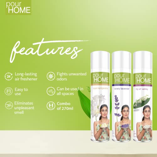 Image of POUR HOME Lavender, Rajnigandha, Lilly Room Air Freshener Spray -220ML Each (Combo of 3) | Long-Lasting Fragrance - Reduces Odours - Suitable for Home & Office