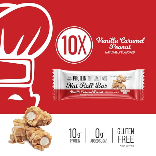 Genius Gourmet Protein Bars Nut Roll Bars Vanilla Caramel Peanut - 10G Protein, Zero Sugar Added, Gluten Free, Non-GMO - Sweet Protein Snack & Protein Dessert For Adults And