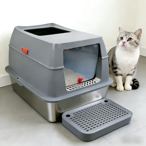 Enclosed Stainless Steel Cat Litter Box with Lid Scoop Extra Large 65L Litter Pan with High Wall Sides Anti-Leakage Easy Cleaning