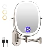 FUNTOUCH 30X/1X Wall Mounted Lighted Makeup Mirror,5000mAh Rechargeable Double Sided Magnifying Bathroom Lighted Mirror, 3 Color Modes Touch Dimmable Extended Arm 360 Rotation, Brush Nickel