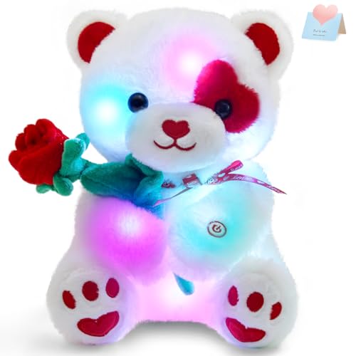 Glow Guards Valentines Light up Teddy Bear, 10'' White Bear Stuffed Animal Holding Rose, Cute Soft Plush Toy Valentine's Day Gift for Kids Girlfriend...
