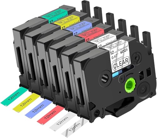 NineLeaf 6 X Compatible for Brother P-Touch 12mm Label Tape TZe-131 TZe-231 TZe-431 TZe-531 TZe-631 TZe-731 12mm 0.47 Laminated TZ Tape Work for P-Touch PT-1000 D200 D400 E110 E550w Label Maker