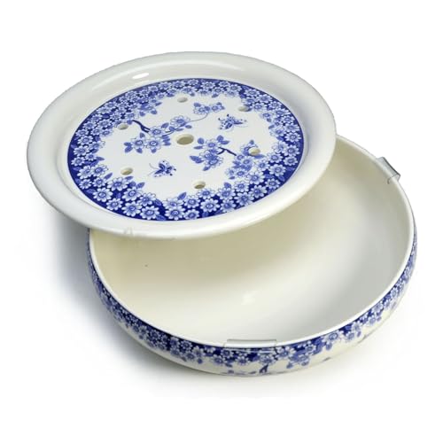 Image of Porcelain Tea Tray 12 inch, Double-Layer Ceramic Tray Round for Tea Coffee Serving Gongfu Tea Table Tea Room (Blue and White Butterfly Lovers)