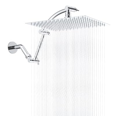 Hibbent All Metal Rain Shower Head, 12'' High Pressure Rainfall Square Showerhead with 16" Shower Head Extension Arm, Solid Brass Adjustable Shower Arm Extender, Waterfall fixed Showerheads, Chrome