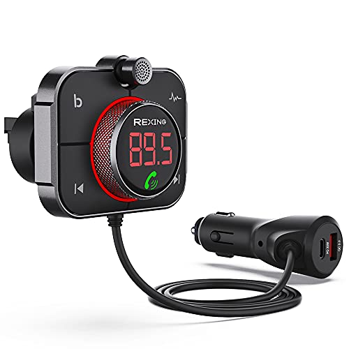 Rexing FMT2 FM Transmitter Car Charger w/Bluetooth 5.0, MicroSD Port, Wireless Audio Adapter USB & Type C, Quick Charge 3.0, Enhanced Bass Music Player, Hands-Free Calling, Siri&Google Assistant