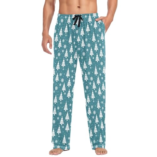 Mens Cotton Pajama Pants Sleep Lounge Pj Bottoms Sleepwear with Pockets Drawstring S White Snowflake Tree