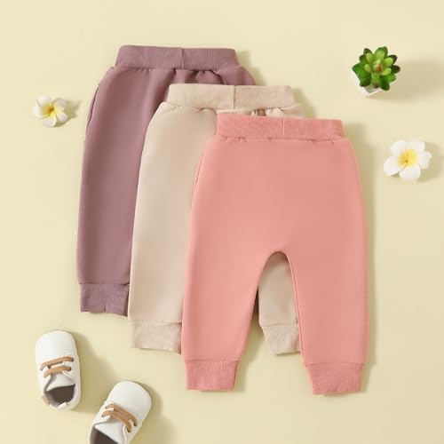 allshope Toddler Baby Girl Fall Pants 3 Pack Active Jogger Casual Athletic Trousers Solid Color Pocket Elastic Waist Harem Bottoms (Apricot Pink Purple, 18-24 Months)