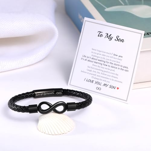 Image of Leather Bracelet Gifts for Men, To My Son Bracelet Fathers Day Bracelet Gifts Dad Grandpa Love You Forever Engraved Birthday Valentines Graduation Gift Infinity Knot Jewelry