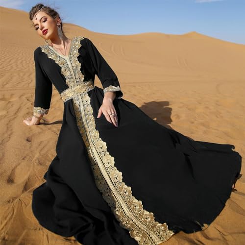 Image of IDOPIP Embroidery Abayas for Women Muslim Moroccan Floral Maxi Kaftan Dress Arabic Islamic Dubai Robe Ramadan Prayer Clothes