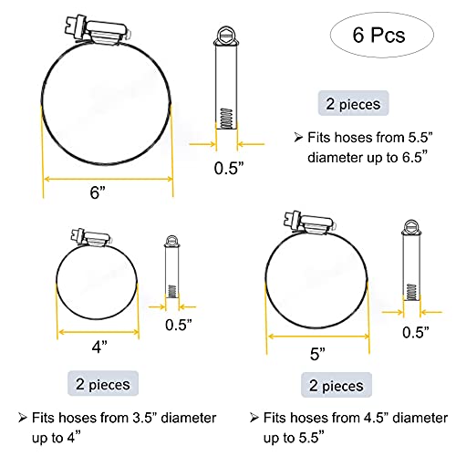 Image of 6 Pieces Adjustable 304 Stainless Steel Worm Gear Hose Clamps Water Pipe Clamps Assortment Kit Duct Clamps Pipe Clamp Worm Drive Hose Clamps (4 inch 5 inch 6 inch)