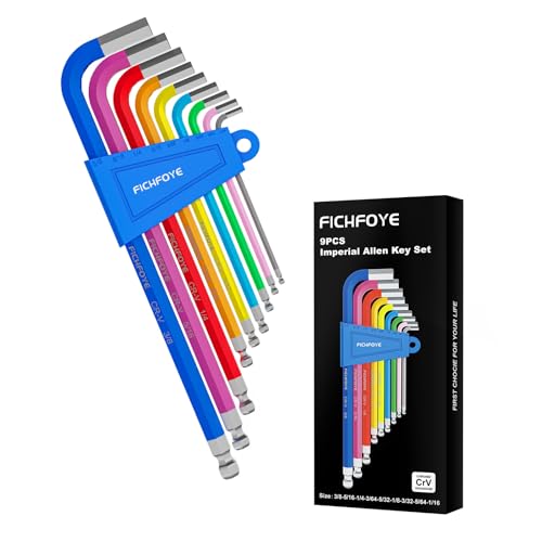 FICHFOYE 9PCS Imperial Allen Key Set, Color Coded SAE Hex Key, 1/16-3/8 inch Hex Wrench With Anti-Slip Long Ball End Ideal for Dismantling Machinery, Equipment, Vehicle, and Bicycle Maintenance