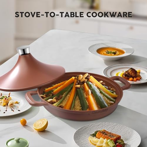 Image of Non-Stick Frying Pan /Skillet 11 inch, 3QT Tagine Pan,Cast Aluminum Pans with Lid, Stove /Oven-to-Table Cookware, Dishwasher Safe& Compatible with All Stovetops(Terracotta)