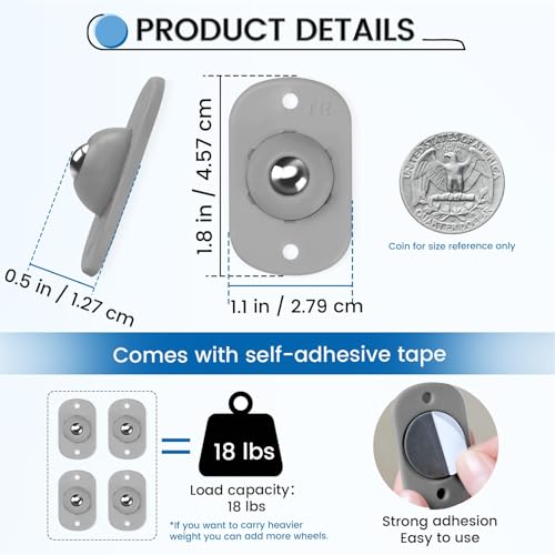 Image of TRVL FIELDER Self Adhesive Caster Wheels, Rollers for Kitchen Appliances, 360 Swivel Mini Universal Wheel Roller Casters, Sticky Pulley for Trash Can, Storage Box, Small Furniture (Gray - 24 Pcs)