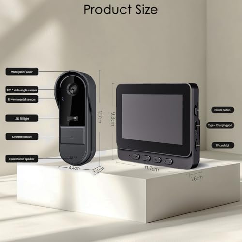 Draadloze deurbel met camera, 1080P IP67 waterdicht, video-deurtelefoon voor buiten met 4,3 inch scherm, 170° kijkhoek, nachtzicht, video-intercom voor thuis, zonder wifi/app - Afbeelding 3